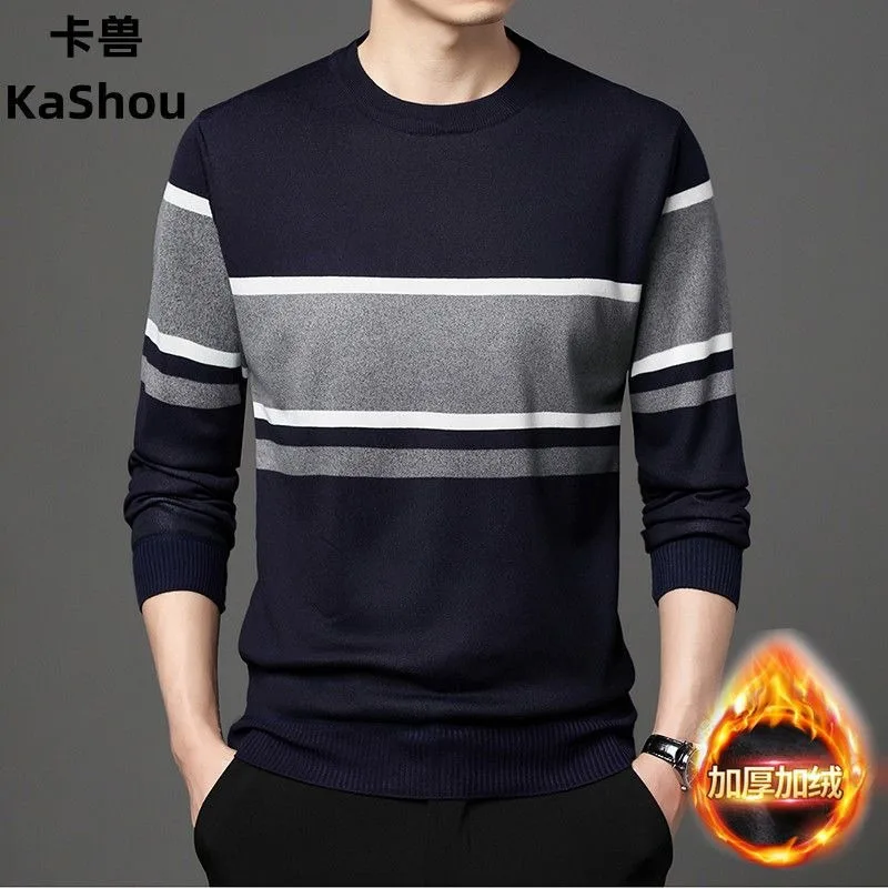 Suéter de cuello redondo para hombre, grueso, de felpa, de punto, informal, a rayas, ropa cálida, invierno