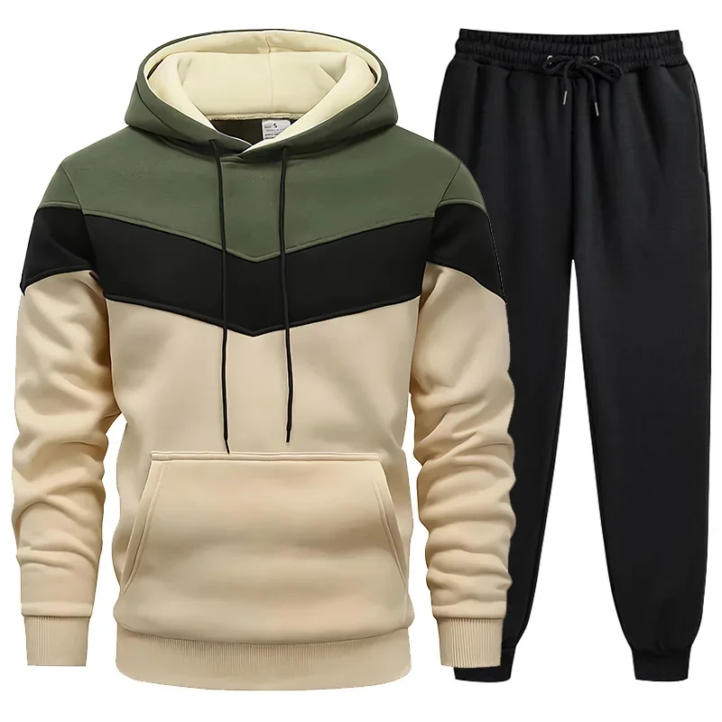 2024 Autumn Winter Mens Tracksuit Casual Tricolor Hooded Sweatshirt+Pants 2 Piece Set Sports Jogging Outfits Daily Warm Clothing