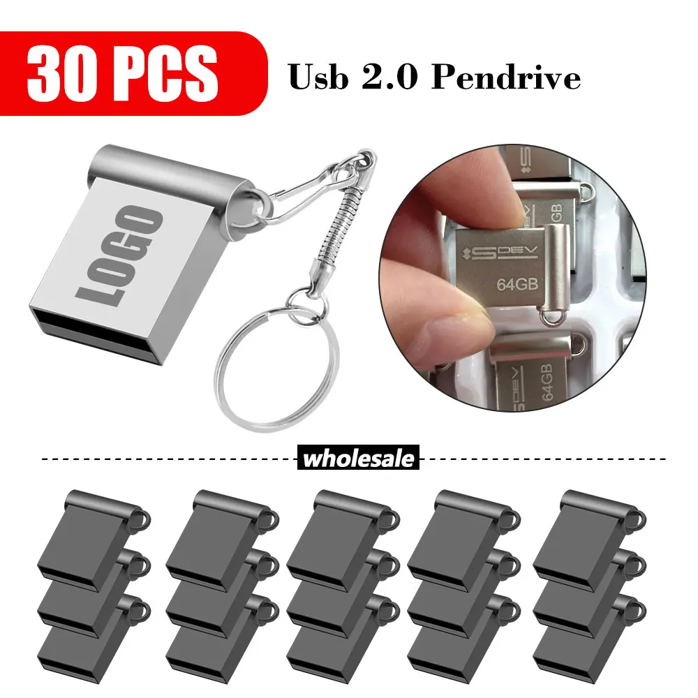 Mini Metal USB 2.0 Flash Drives, Pen Drive, Memory Sticks, Presentes criativos, Logotipo livre, Atacado, 32GB, 16GB, 64GB, 4GB, 8GB, 30Pcs, Lote