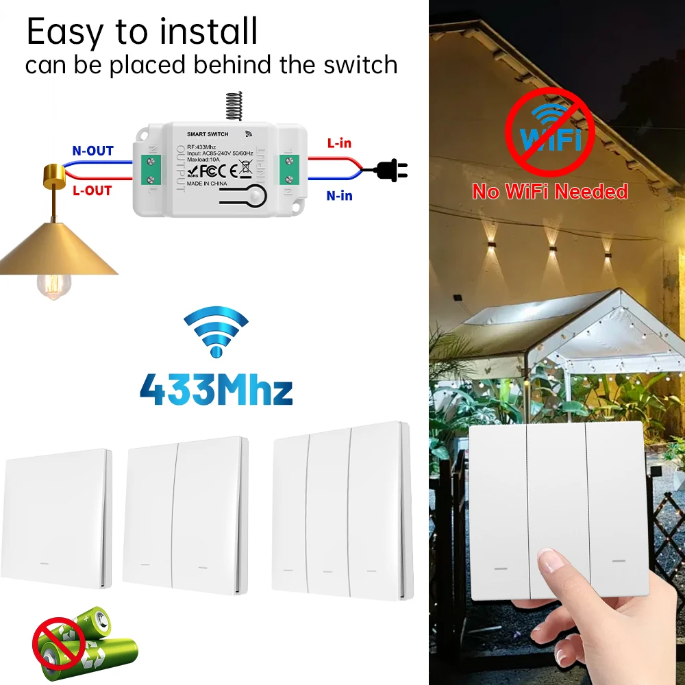 

SIXWGH RF433 Smart Wireless Switch Module Kit Self-Powered Remote AC 100-250V 10A Receiver Controller Light Appliance Automation