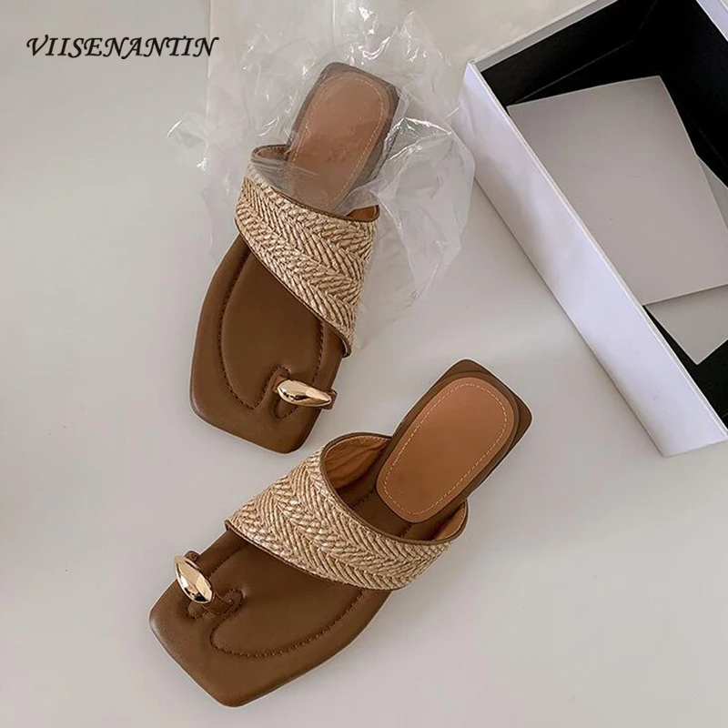 

Metal Decor Clip Toe Flip Flops 2024 Summer New Open Square Toe Low Heel Casual Sandal Weaved Leisure Beach Slides Shoes Females