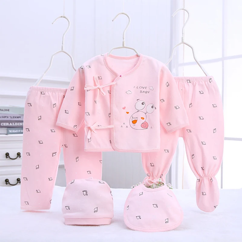 5Piece Sets Spring Baby Girl Boy Clothes Casual Cartoon Cute Print Long Sleeve Cotton Tops+Pants+Hat Newborn Hospital Set BC1361