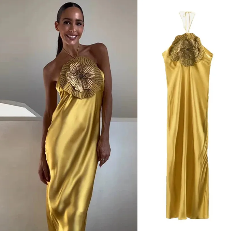 PRINTKAOIR Elegante Party frauen Kleid Blume Halfter Ärmellose Backless Satin Weibliche Kleider 2025, Sommer Chic Abend Dame Robe
