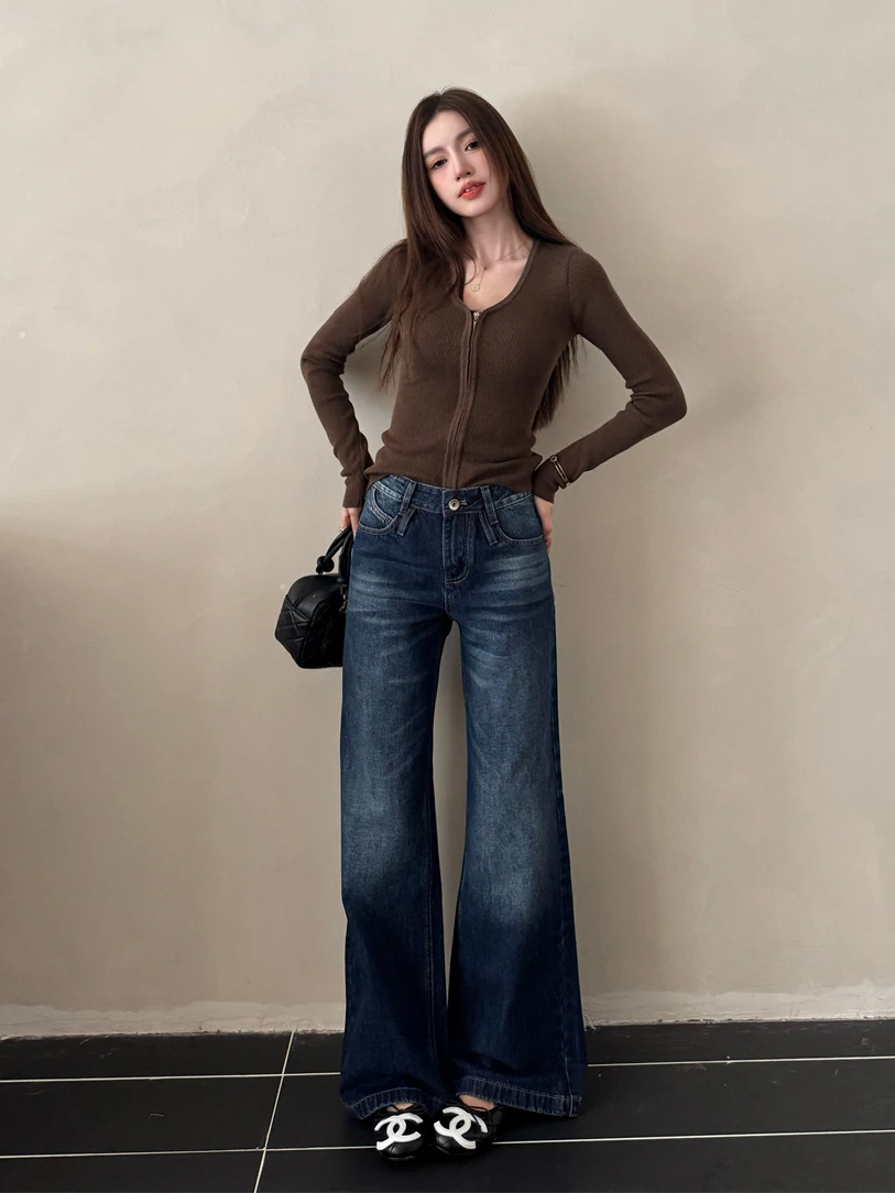 

Женские джинсы с низкой талией и широкими штанинами, светло-синие, из денима, свободного прямого кроя, весенняя мода, новый стиль, ретро, глубокий синий цвет