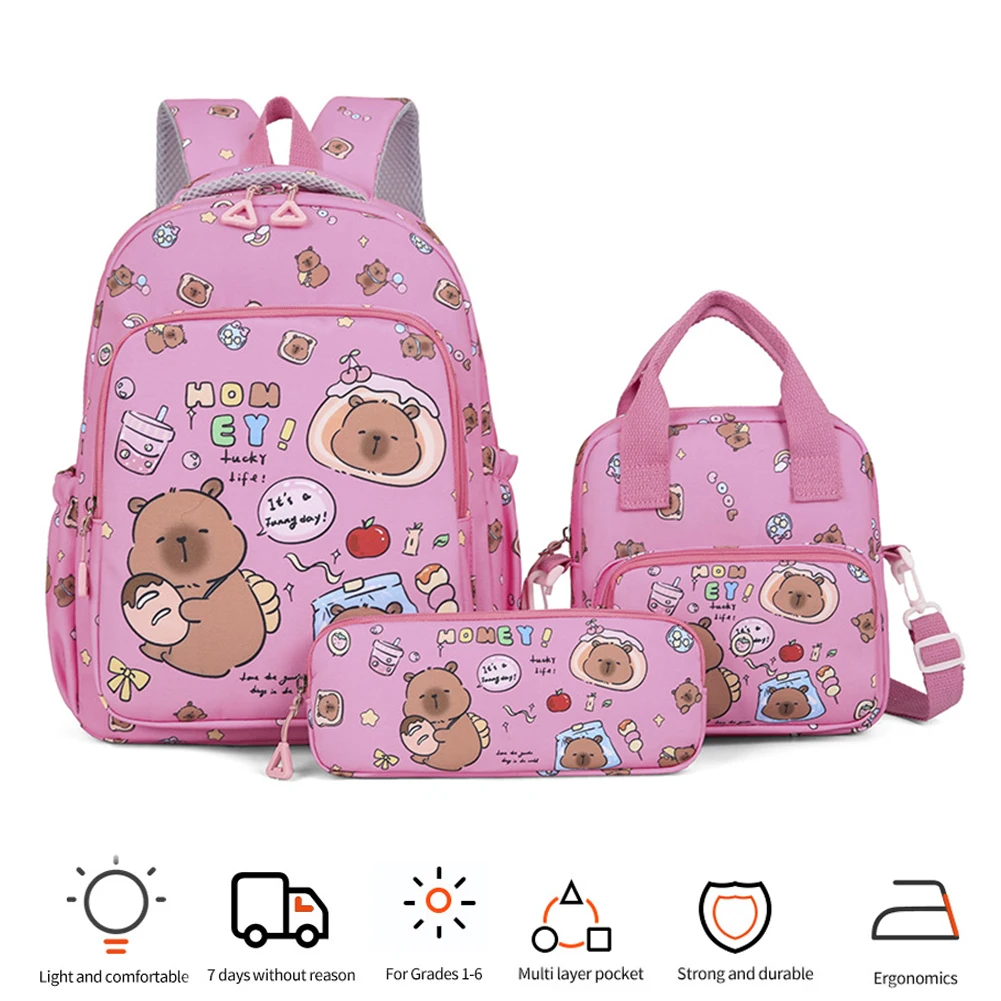 

Capybara Travel Backpack with Lunch Bag and Pencil Case Elementary Cartoon Laptop Travel Bag for Students