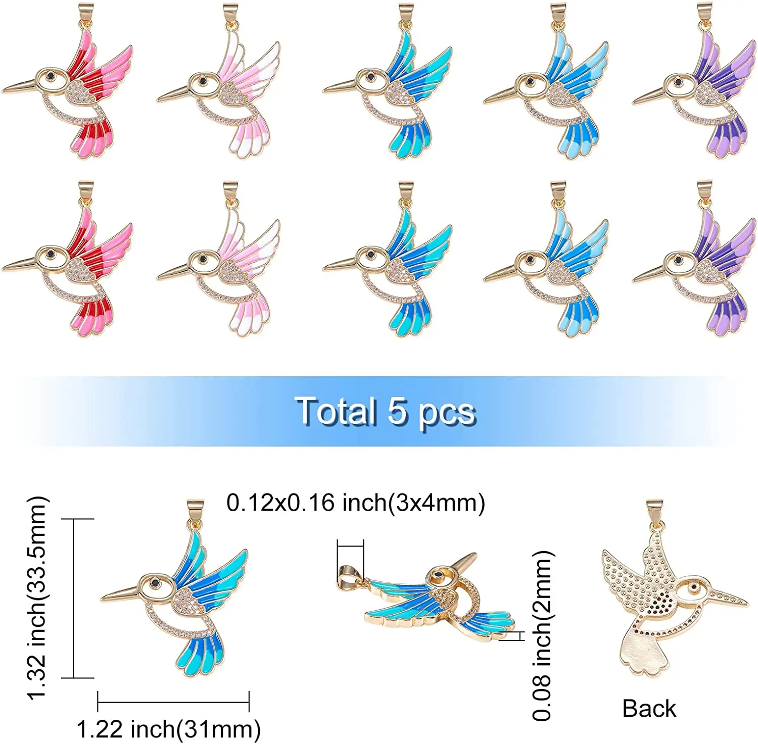PandaHall 5 Pcs Random Colored Enamel Bird Charm Golden Cubic Zirconia Mini Animal Charms for Jewelry Making