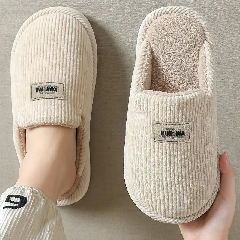 Winter Striped Fleece-lined Cotton Slippers Lady Soft Sole Warm Plush House Slippers Women Anti Slip Plus Size 44 Slides Shoes