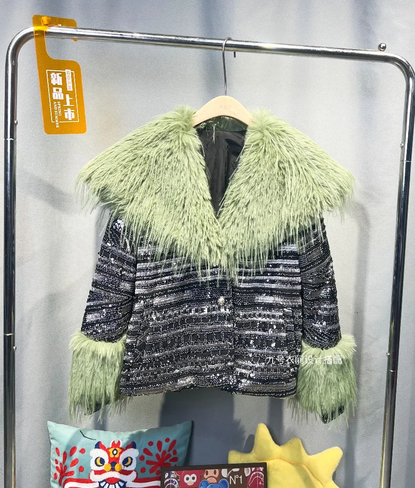 2025 Winter New European Style Faux Fur Coat Lady Fashionable Korean Version Heavy Sequin Loose Short Coat for Women
