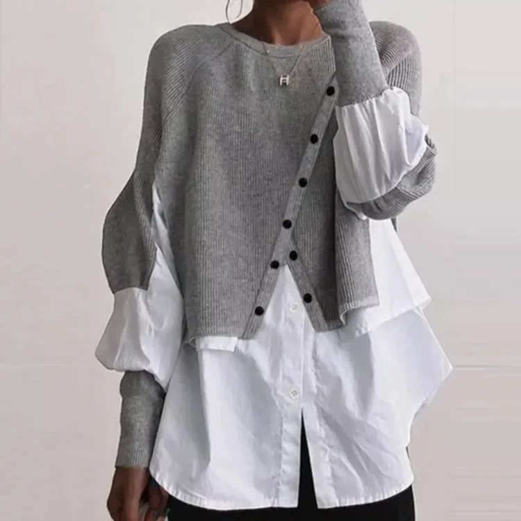 

Autumn New Creative Knitted Sweater Spliced Shirt Elegant Women's Warm Pullover Round Neck Top Coat