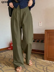 QOERLIN Minimalism Casual Women Suit Pants Wide Leg Pants Straight Floor Pants Office Ladies Female Cargo Trousers Green Apricot