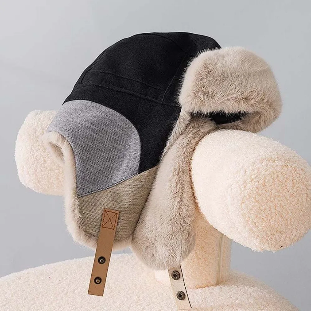 Farbblock-Wintermütze mit Fleece-Futter, Ohrenklappen, winddicht, windresistent, dicke, thermische Patchwork-Skimütze – Detail 15