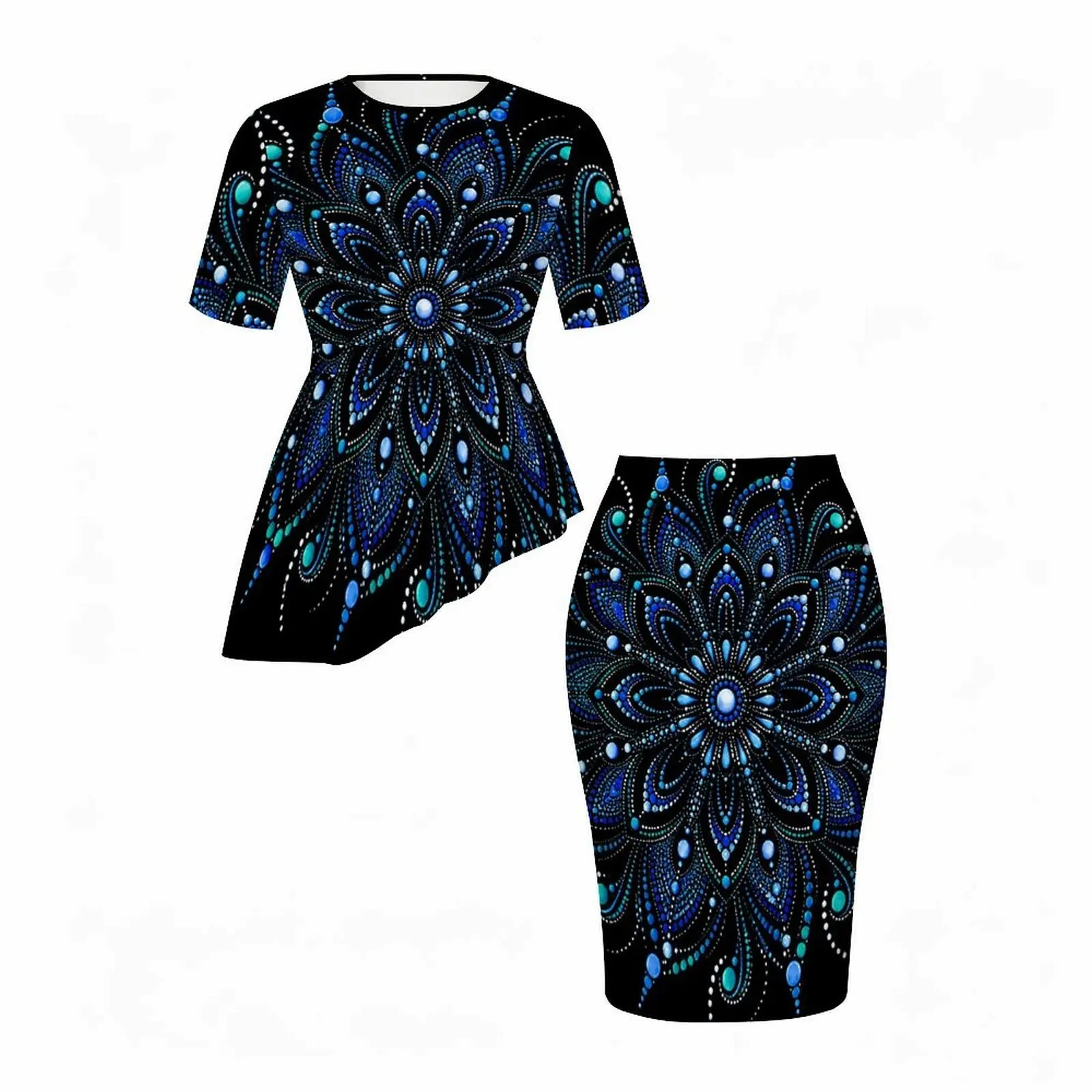 Women Halloween Pumpkin Ghost Bat Print Round Neck Short Sleeve Asymmetric Top and Fitted Skirt Two Piece Set