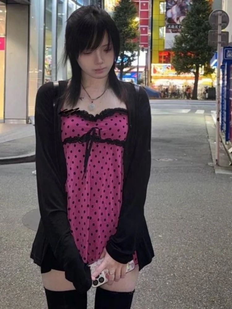 

Japanese Two Piece Sets Autumn Single Breasted Loose Cardigan + Lace Patchwork Polka Dot Vest Female Y2k Aesthetic Grunge Suit