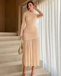 European and American elegant ladies dress sexy round neck long sleeves slim fit pleated solid color long dress for women