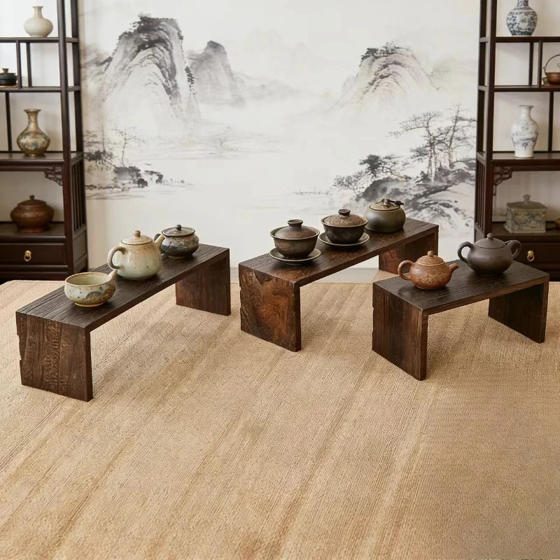 Antique Charred Wood Cup Rack Chinese Solid Wood Desktop Organizer Modular Living Room Tea Set Display Yixing Teapot Stand