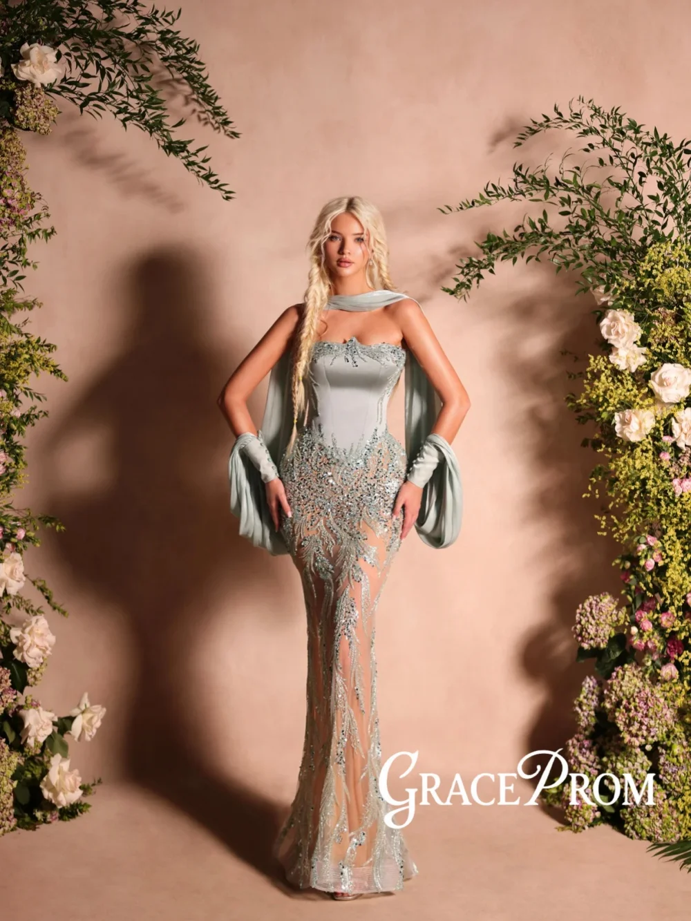 Shimmering Beaded Evening Dress With Scarf Luxury Strapless Long Wedding Party Gown Customized Fashion Illusion Banquet Gown