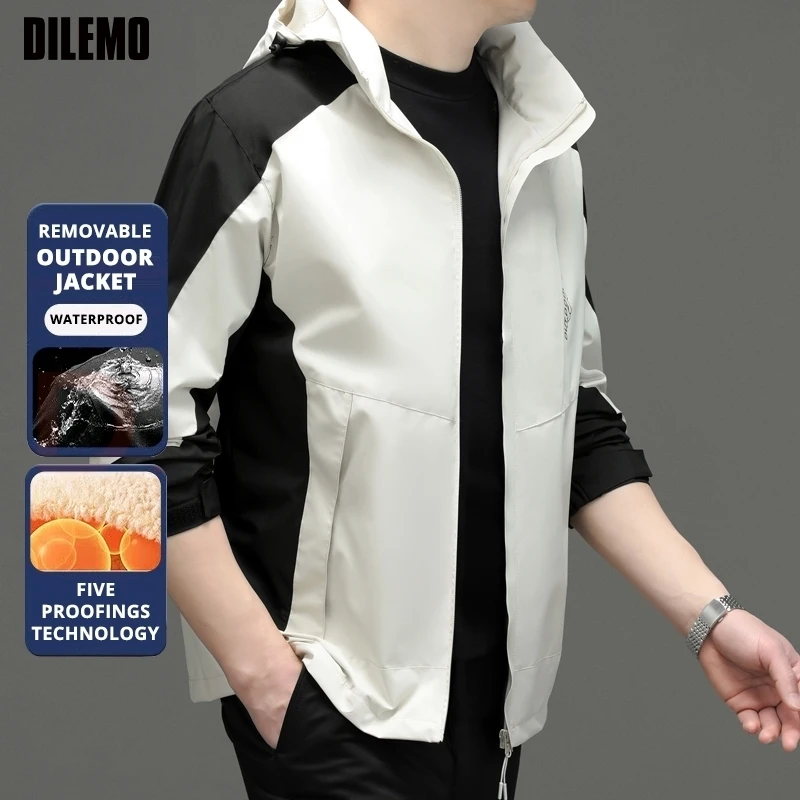 

Top Grade Waterproof Breathable Men Interchange Outdoor Jacket Soft Shell Trendy Windbreaker Detachable Cap Coats Outwear