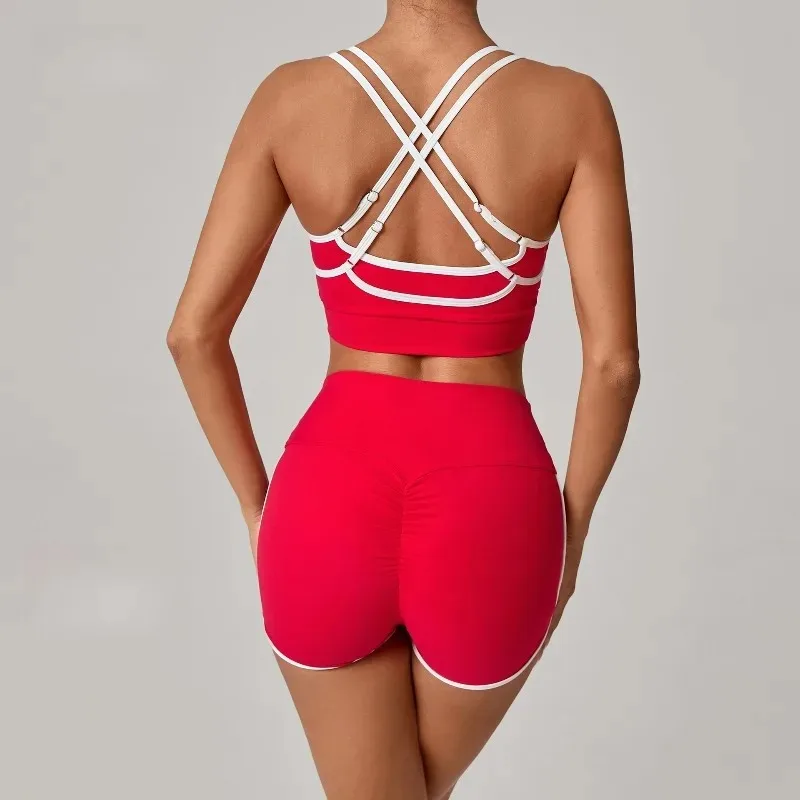 

Женский комплект из 2 предметов для йоги с высокой талией и подтяжкой бедер, поддерживающий спортивный бюстгальтер с цветными блоками, эластичные узкие шорты для бега, фитнеса, тренажерного зала