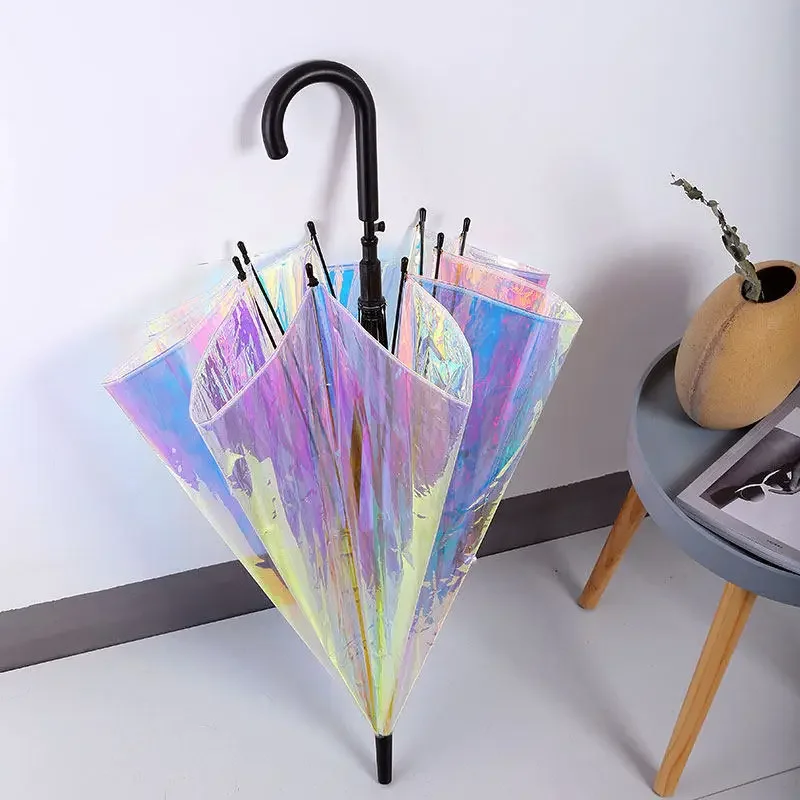 Colorful Rainbow Umbrella Transparent Color Changing Windproof Long Handle Umbrella Women\'s Sunshade Reinforced Sun Rain Gear