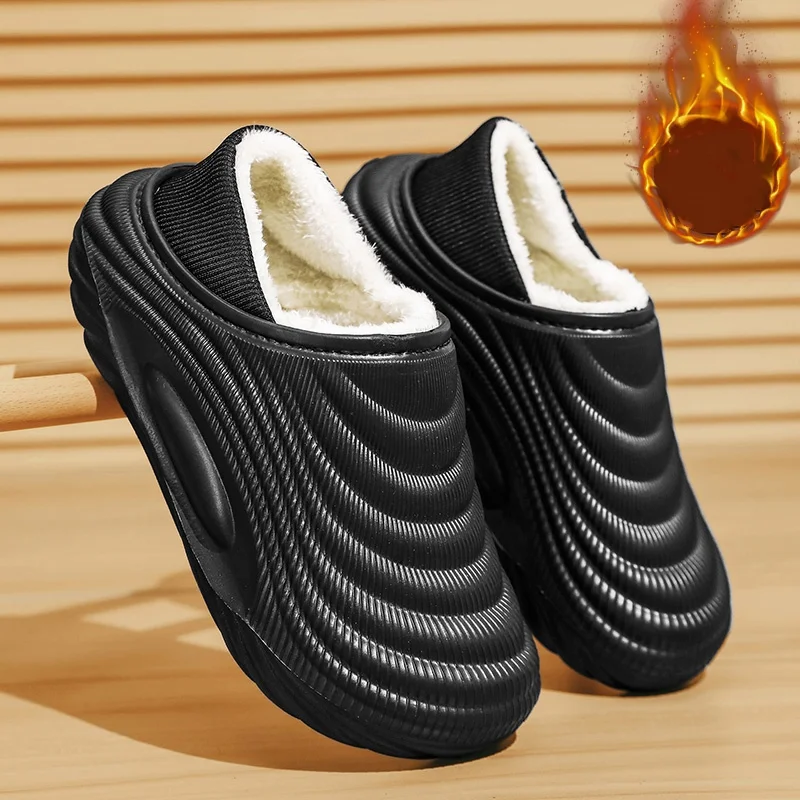 Men's Autumn and Winter Cotton Shoes with Eva Integrated Wave-Shaped Thick Sole, Fleece-Lined and Thickened for Warmth Retention, Non-Slip, Suitable for Indoor and Outdoor Use