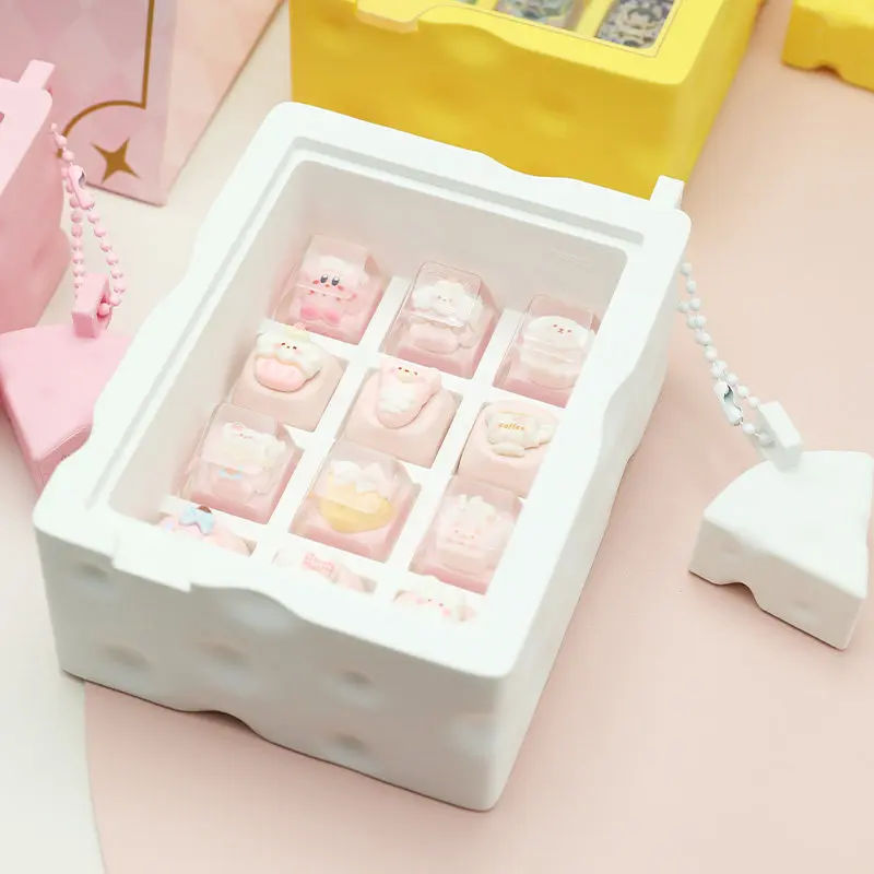 QiaoQiaoMei Cheese Dairy Keycap Storage Box,Custom Mechanical Keyboard Dust Proof Display Case,Personalized KeycapOrganizer Gift