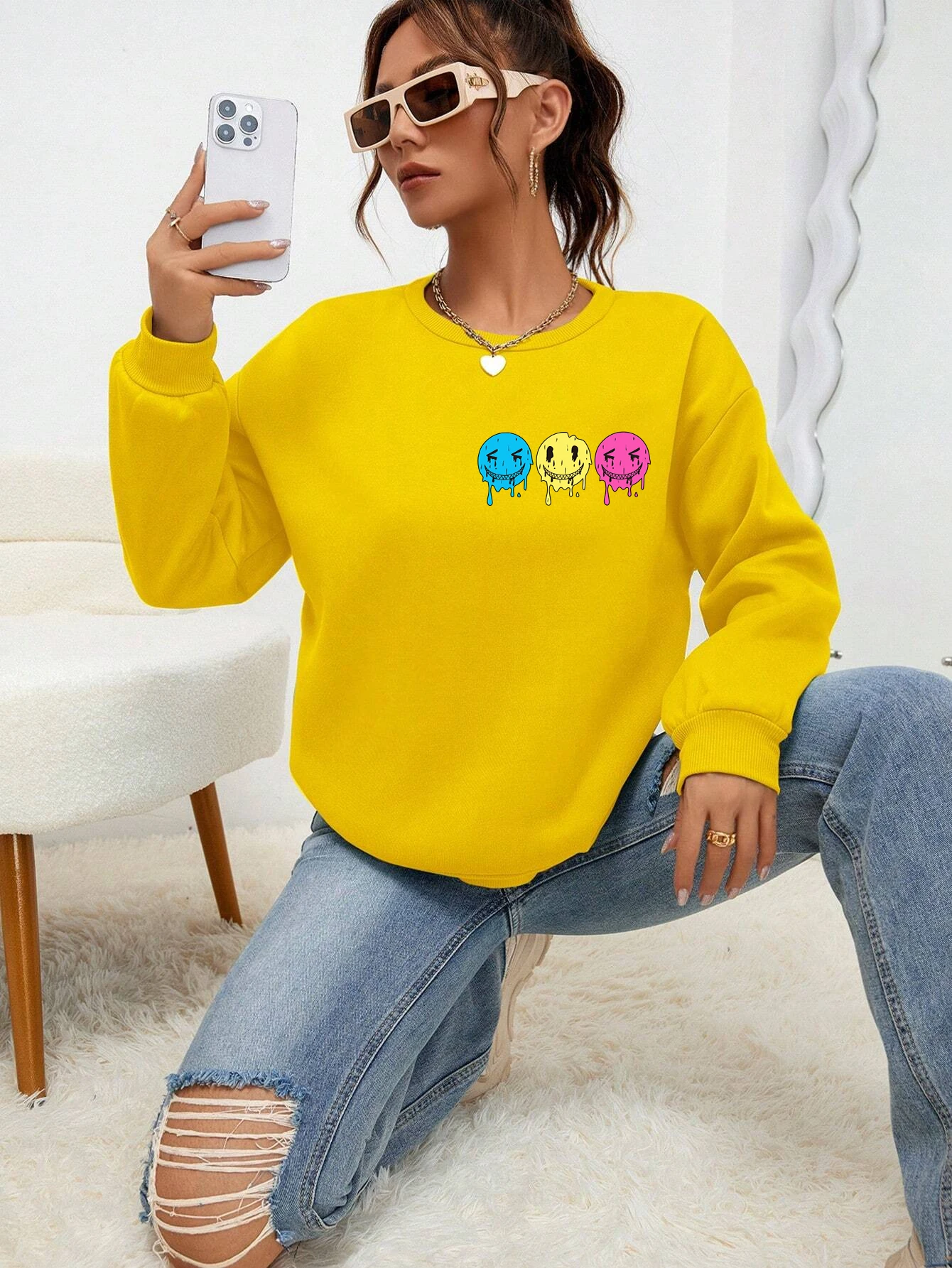 Funny Smiling Face Printed Female Sweatshirt Autumn S-Xxl Tracksuit Simple Comfortable Tops Casual Warm Fleece Clothes Women