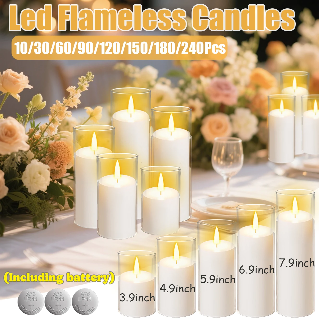 

10-240Pcs Wedding LED Flameless Candle Acrylic Cup Pure White Pillar Candle with Battery Powered for Party Concert Outdoor Decor