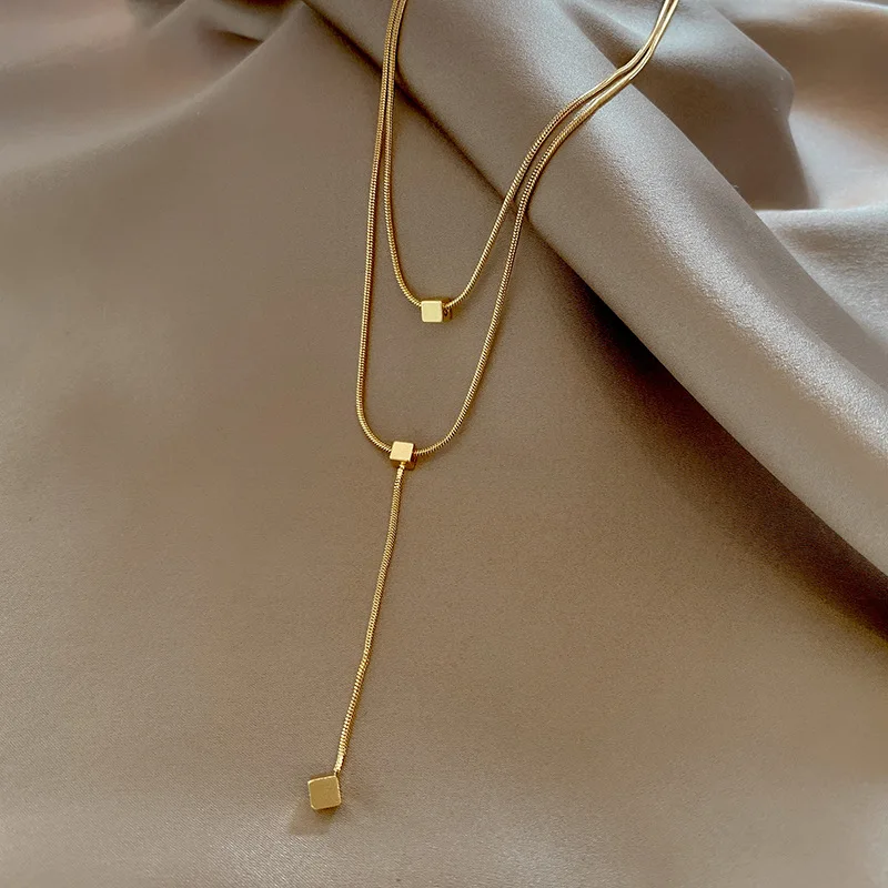 

316L Stainless Steel New Fashion Fine Jewelry Minimalism 2 Layers Cube Tassel Charms Chain Choker Necklaces & Pendants For Women