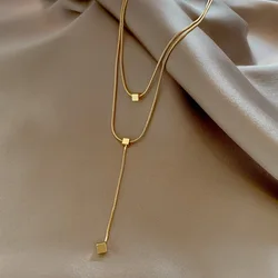 316L Stainless Steel New Fashion Fine Jewelry Minimalism 2 Layers Cube Tassel Charms Chain Choker Necklaces & Pendants For Women