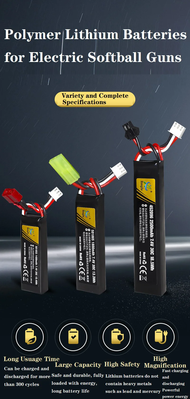 7,4V 2500mAh Lipo-Akku mit Split-Verbindung für Wasserpistolen, 2S 7,4V Akku für Mini-Airsoft-BB-Luftpistolen, Elektrische Spielzeugwaffen-Teile – Detail 1