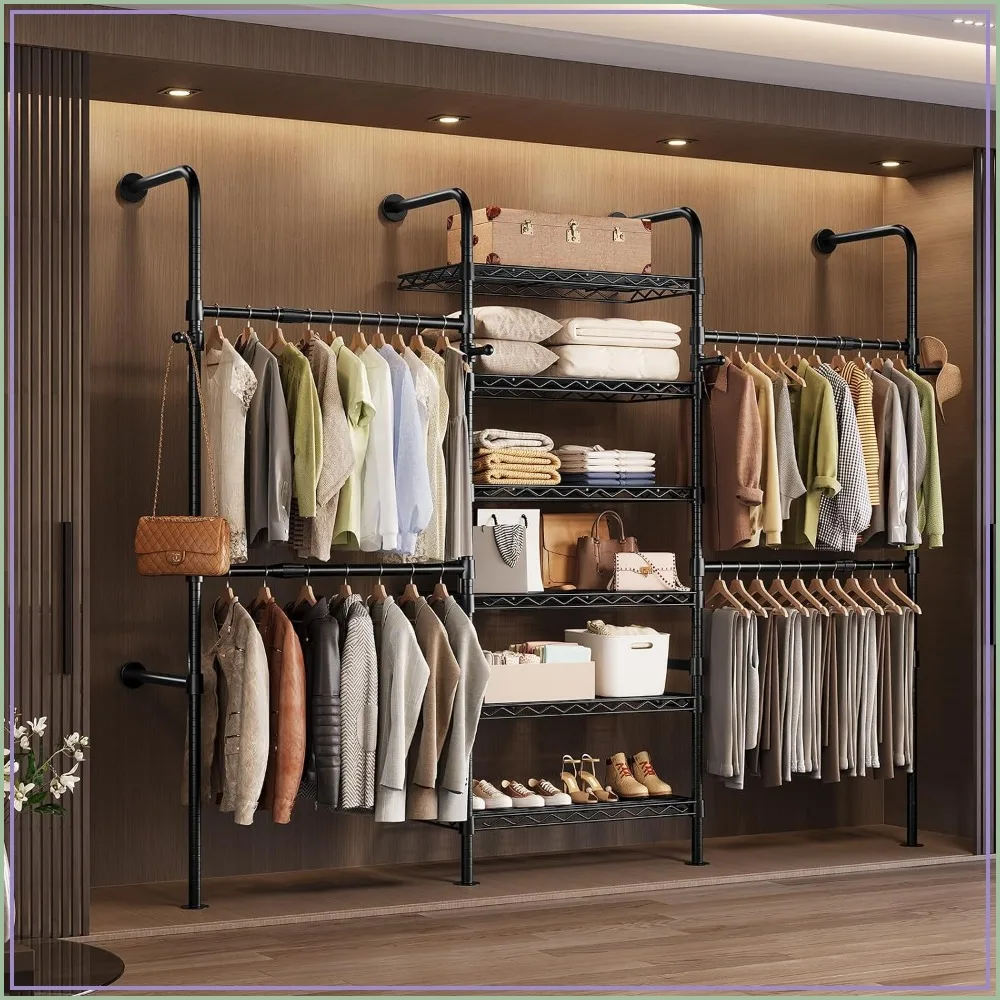 Wall Mounted Closet System Heavy Duty 3-Row Clothes Rack Expandable Pipe Organizer 4 Rods 6 Shelves