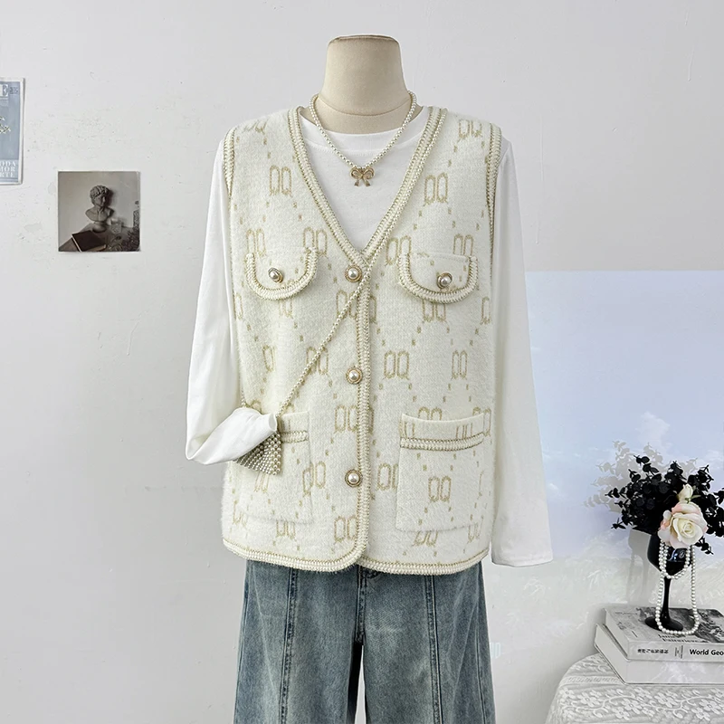 

V-Neck Woven Vest Women's Autumn Winter 2025 Fashion Loose Single-Breasted Waistcoat