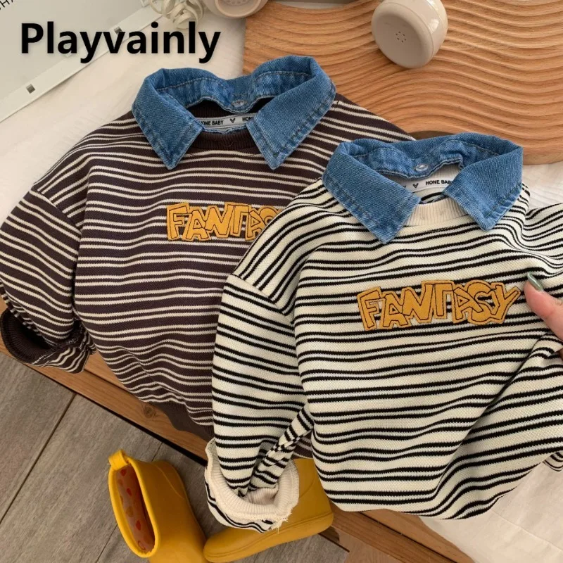 

New Spring Autumn Baby Boys Fake Two-piece Sweatshirts Denim Turn-down Collar Stripe Long Sleeve Casual Tops Kids Clothes A0213