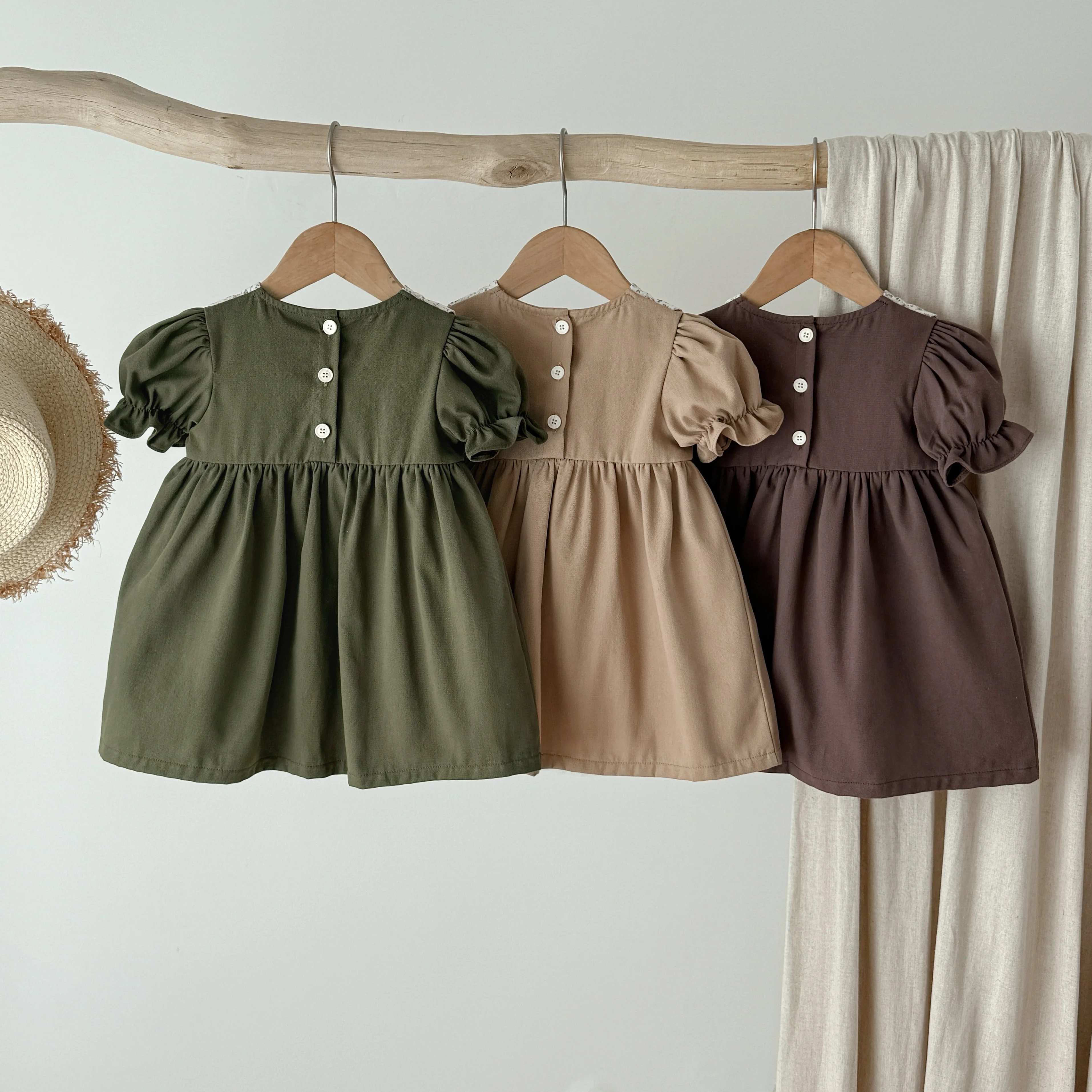 1-Piece Korean Style Summer Floral Collar School Style Girls' Dress Cotton Short-Sleeved Bow Cute Princess Dress