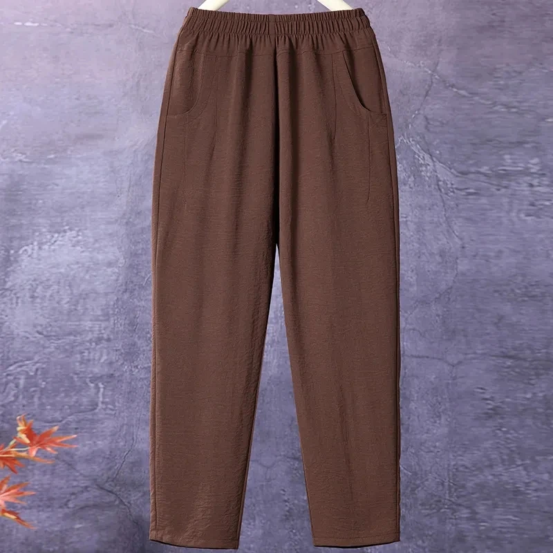 Thin Women's Pants 2026 Summer Middle-aged Elderly Female Elastic High Waist Ice Silk Pants Loose Ladies Straight Casual Pants
