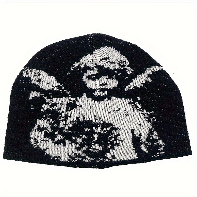 Engel-Jacquard-Mütze, schwarz-weiße, randlose Totenkopfmütze, Wintermütze für Damen und Herren, Gothic-Mütze für alltägliche und formelle Veranstaltungen