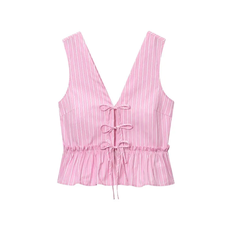 Ensemble 2 pièces pour femmes, débardeur d'été, nœuds, boutons à nouer, volants, hauts froncés, haut rayé rose + short, col en V, costume décontracté doux