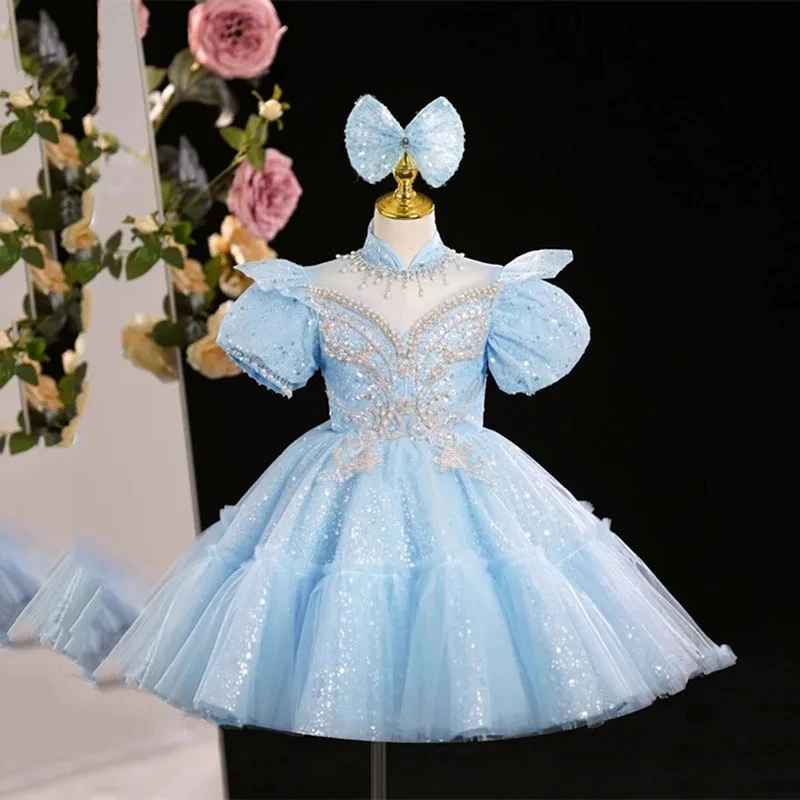 Sequin Short sleeve Infant Gown For Baby Girls 1st Birthday Party Princess Dresses Children Baptism Christening Banquet Clothin