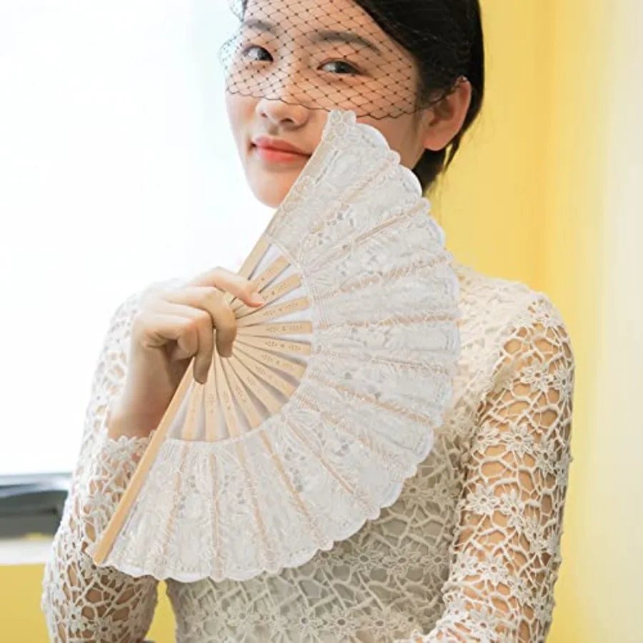Cotton Lace Folding Hand Fans Embroide Flowers Pattern Handheld Fans for Costume Weddings Dancing Party DIY Bridal Hand Fan