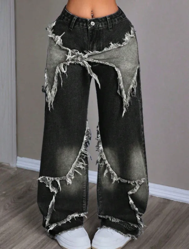 Women Solid Color Distressed Wide Leg Jeans Tie Detail Cargo Pocket High Waist Denim Pants Trendy Casual Outfit Dating & Hangout