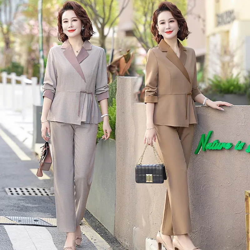 

New Casual Office Lady Suit set Female V Neck Long Sleeve Trousers Pantsuits Middle Aged Mother Two Peice Sets Spring Women Set