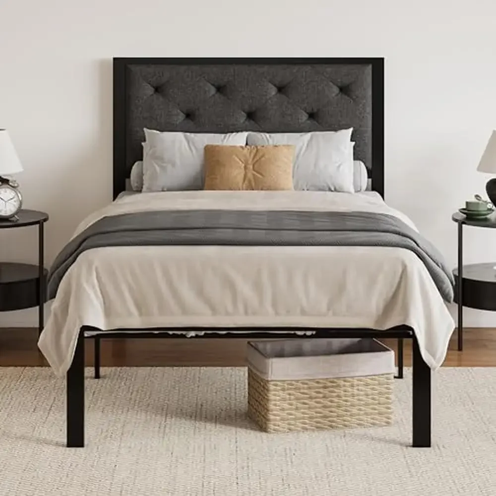 

Metal Platform Bed Frame with Fabric Upholstered Button Tufted Headboard Strong Slats Support Twin Size Mattress Noise-Free