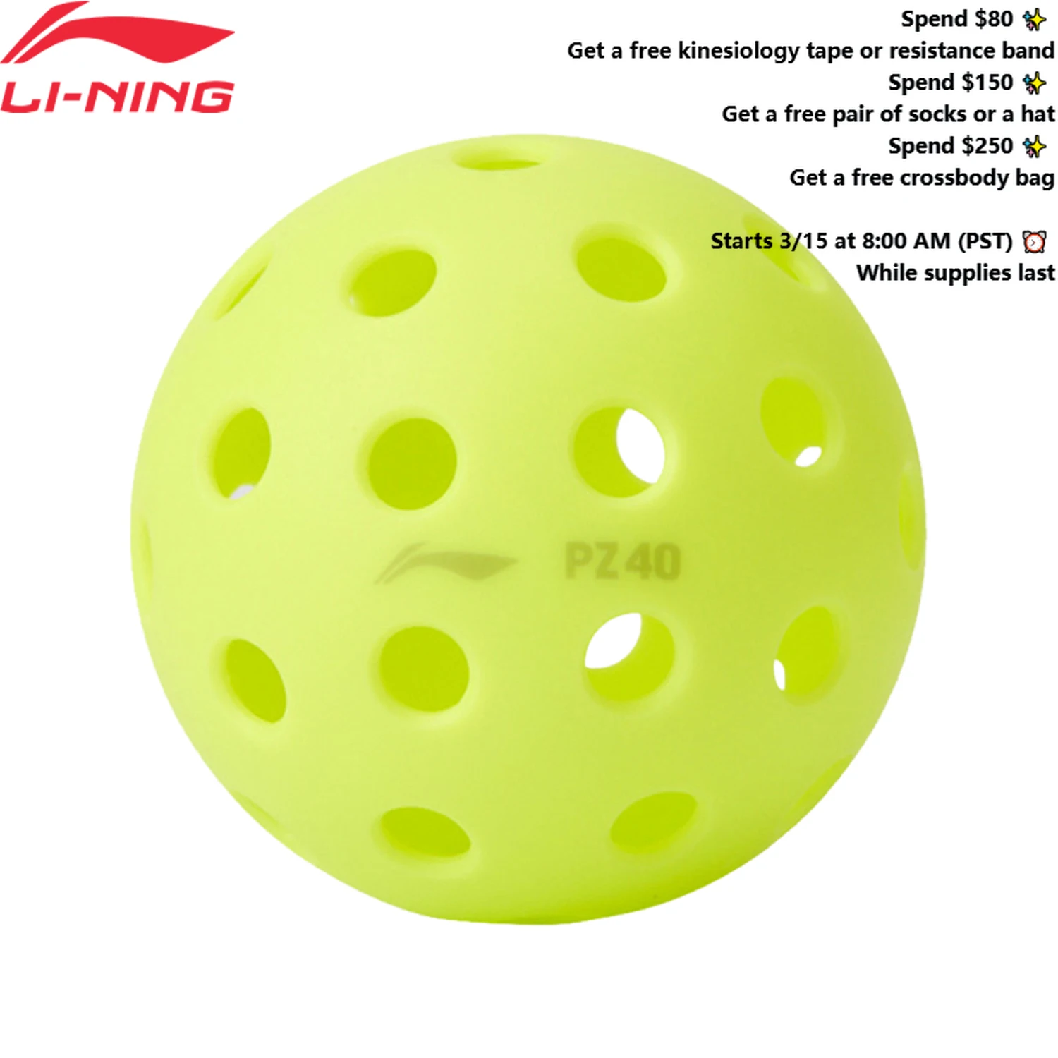 

Li-Ning Unisex PZ40 Pickleballs 3 Pack 40-Hole Thermoplastic Elastomer Training LiNing Professional Competition Balls ACPV003