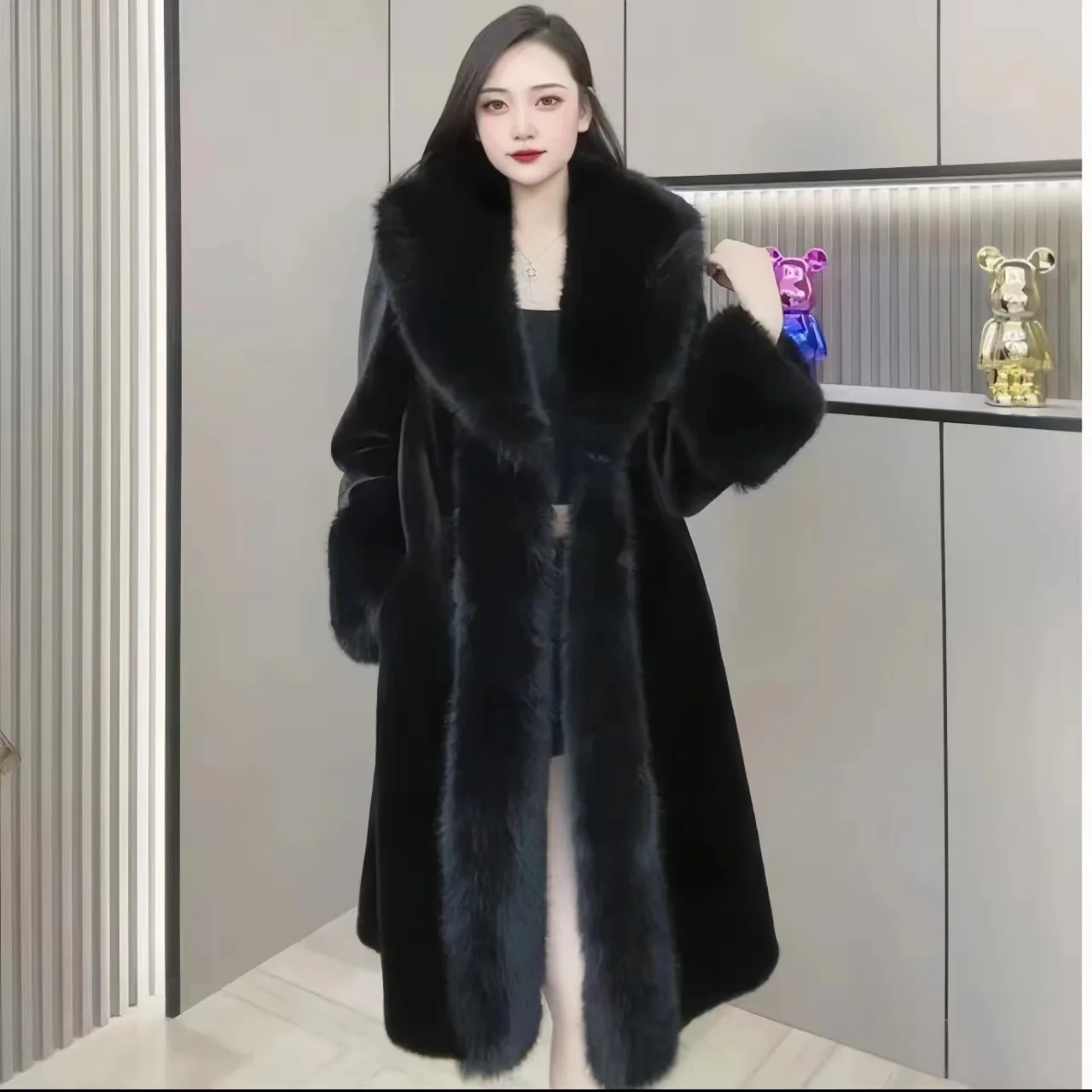 Faux Fur Coat for Women, Long Jacket, Thick Warm Clothes,Fox Fur Collar,Spliced, Korean, Autumn and Winter, 2024