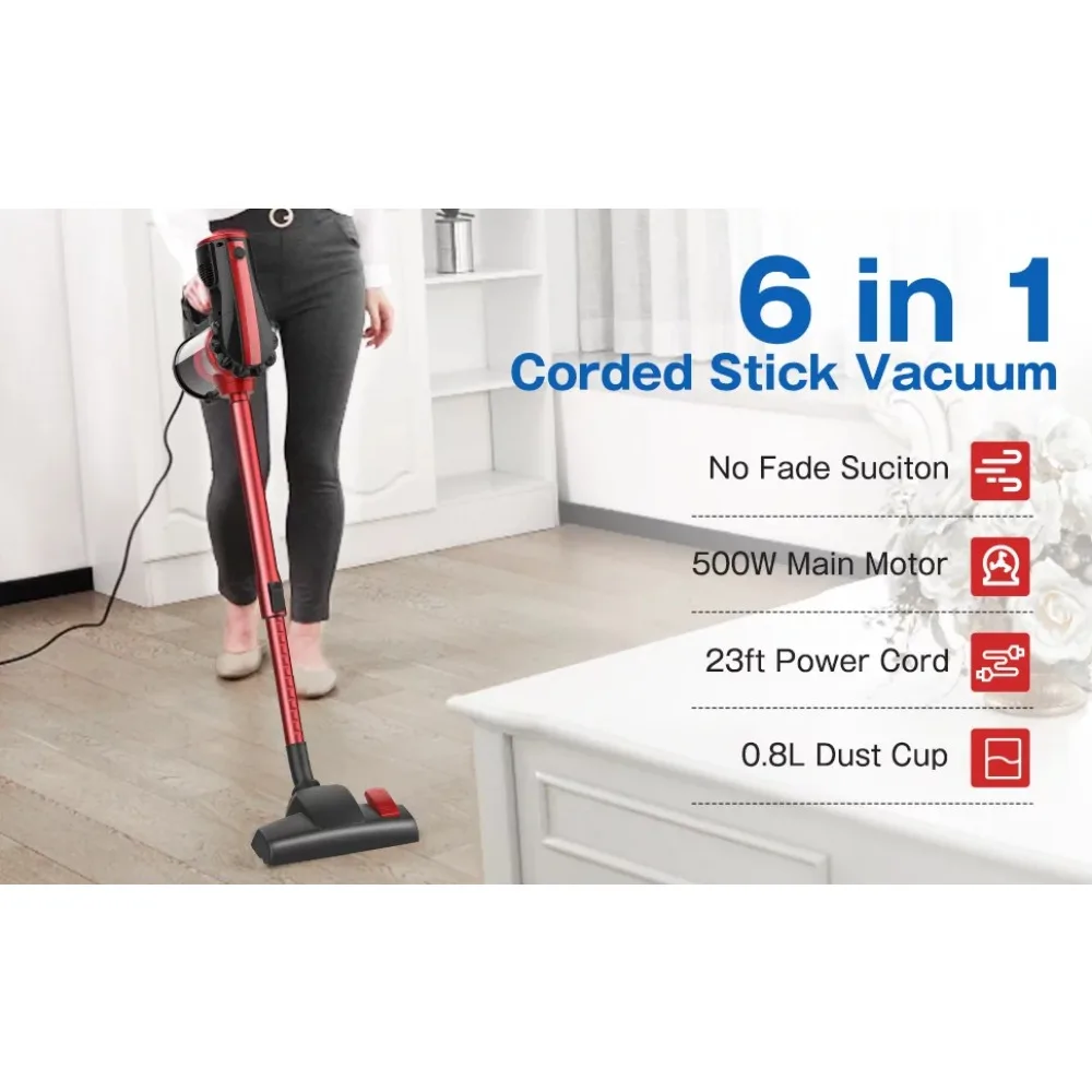 Corded Stick Vacuum Cleaner, 17KPA strong suction Lightweight Corded Vacuum for Hard Floor & Pet Hair, Rotatable Brush Head