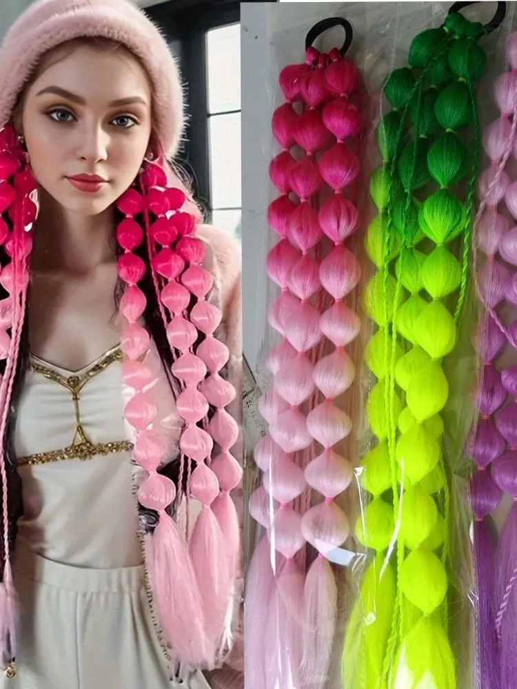 Mode femmes enfants bulle queue de cheval Extension Extensions de cheveux colorés à la main tressé Ombre fou cheveux jour accessoires
