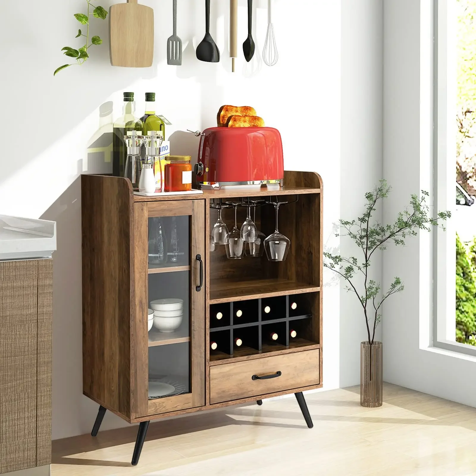 z Factory supply industrial wood buffet sideboard storage rack vintage antique oak wine bar cabinet for liquor and glasses