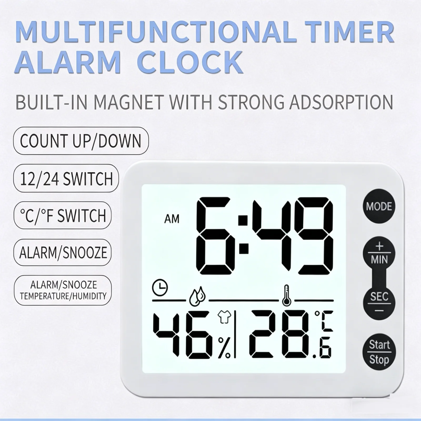 TS-9606 Digital Thermometer Hygrometer with Timer Alarm, Magnetic Back Large Display, Comfort Index for Kitchen Baby Room Office