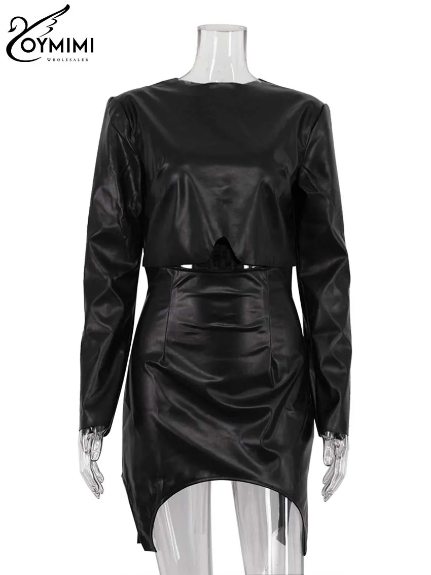 Oymimi lässig schwarz pu Leder Damen 2 Stück Outfit Set elegante O-Ausschnitt Langarm Crop Tops und hohe Taille schlanke Minirock-Set