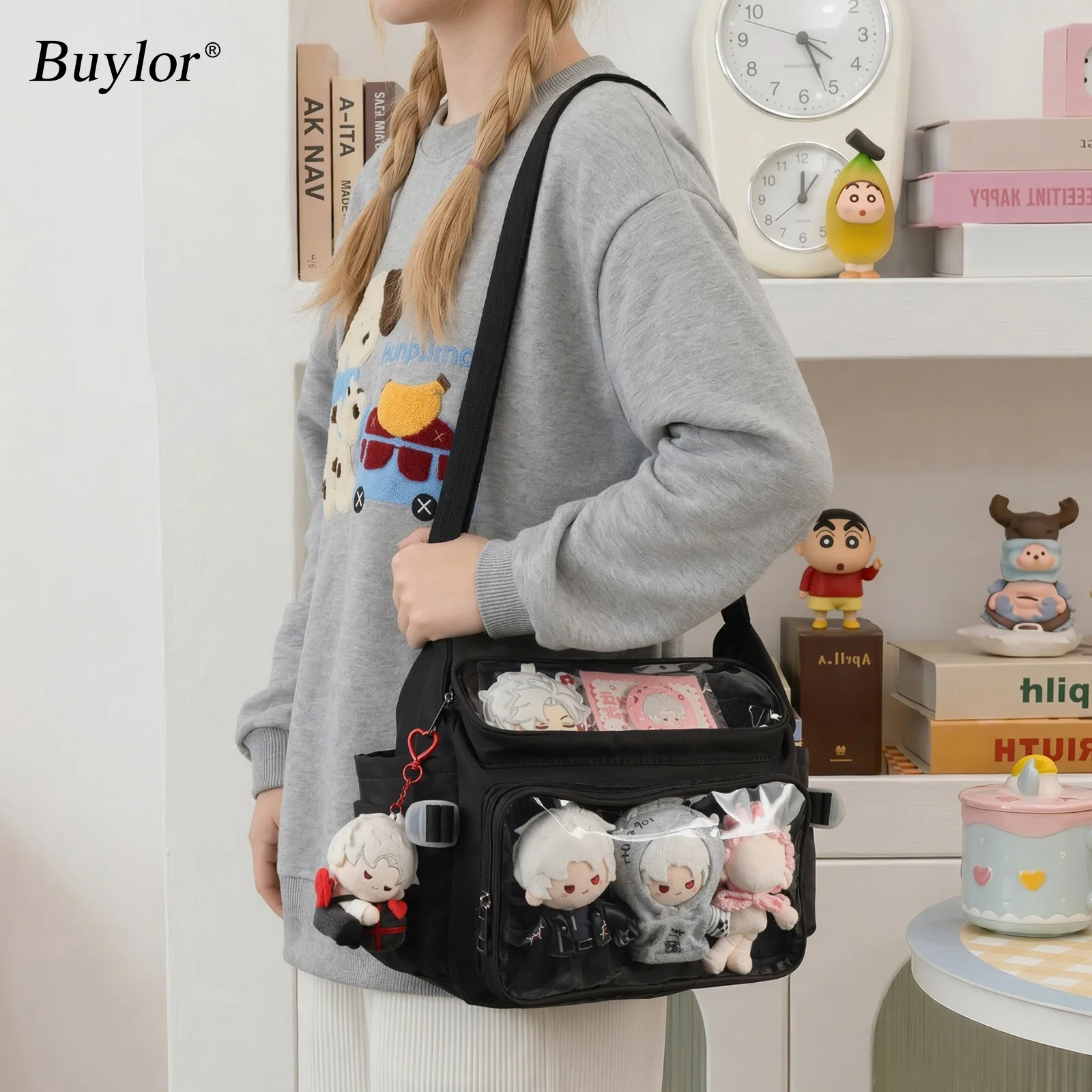 Image of Ita Bag Insert Background Buylor Damen Kawaii Umhängetasche mit Klarsichtfenster für Pins und Abzeichen, Crossbody-Tasche für Kpop-Fans, Schultasche